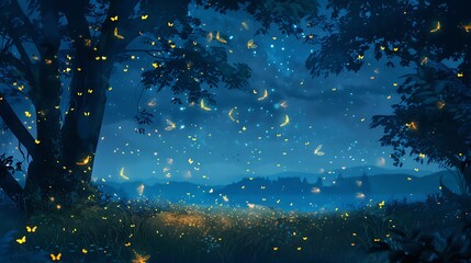 Wall Mural - nighttime scene of a dark forest illuminated by fireflies, creating a magical and whimsical ambiance