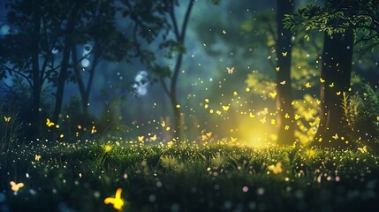 Wall Mural - magical scene of fireflies illuminating a dense forest at night, creating a breathtaking and enchant