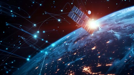 Wall Mural - satellite orbits earth connected to a network of nodes symbolizing communication and data transfer.