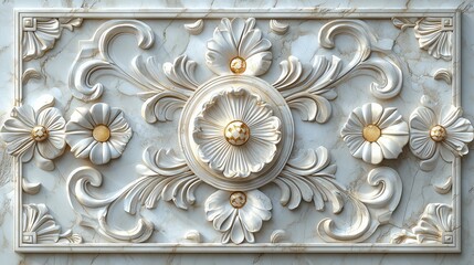 Wall Mural - An ornate floral relief carving adorns a marble wall, showcasing intricate details and golden accents in a refined atmosphere