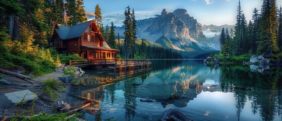 Wall Mural - A cabin is surrounded by a lake and mountains