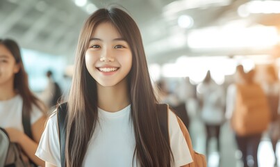 Wall Mural - Asian young women passenger walk in airport terminal to boarding gate, Generative AI