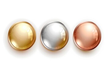 Three shiny buttons on a clean white surface, ideal for use in UI design or as an abstract concept illustration