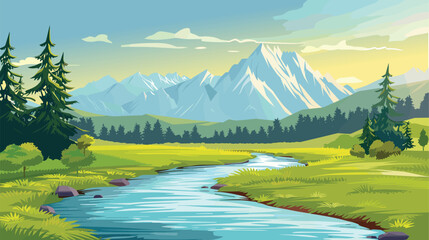 Wall Mural - Beautiful mountains river landscape, clear water, mountain ridge, forest, meadow shores pine trees vector