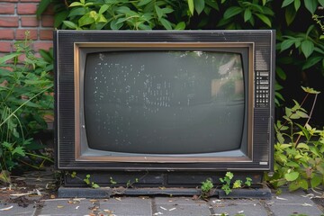 Wall Mural - An old television sits in front of a brick wall, offering nostalgic charm