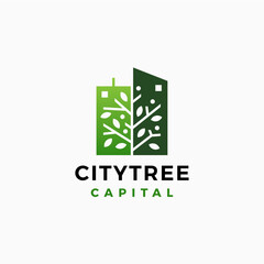 Sticker - tree city building skyline logo vector icon illustration	