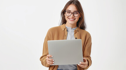 Wall Mural - a young smiling woman in glasses holds an open laptop and looks at the camera on a white background