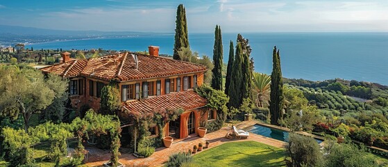 A large house with a pool and a view of the ocean