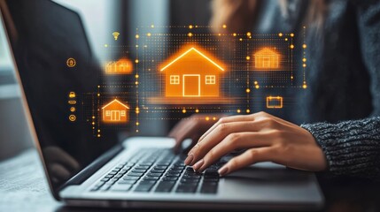 Laptop User Navigating Virtual Real Estate Cards for Digital Home Marketing