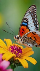 Closeup of colorful butterfly on a vibrant blooming