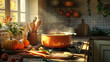 © Anna - A steaming pot of soup on a rustic stove in a cozy kitchen with autumn vegetables. Concepts of home cooking, seasonal ingredients, and warm, comforting meals.