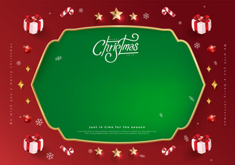 Wall Mural - merry christmas sign banner frame with empty space and festive decoration on red background