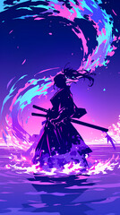 Wall Mural - black and purple color samurai silhouette with speed effect background