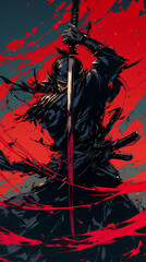 Wall Mural - black and red color samurai silhouette with speed effect background