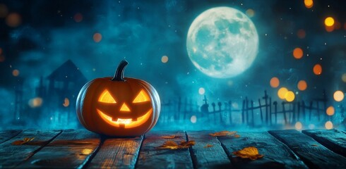 Wall Mural - Halloween - Spooky Graveyard At Night With Full Moon And Jack O' Lanterns