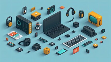 Wall Mural - vector, illustration, Computer technology isometric illustration. PC, laptop, phone on desk, tech symbols, design elements of apps, development environment of programming software of mobile, desktop c