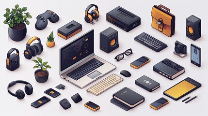 Wall Mural - vector, illustration, Computer technology isometric illustration. PC, laptop, phone on desk, tech symbols, design elements of apps, development environment of programming software of mobile, desktop c
