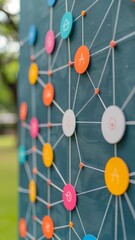 Wall Mural - colorful circular network on chalkboard background for business, technology, and communication conce