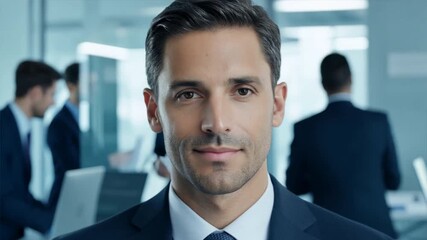 Wall Mural - Confident business team smiling in suits, successful executives looking at camera