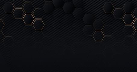 luxury hexagonal abstract black metal background with golden light lines. dark 3d geometric texture 