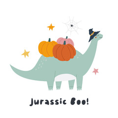 Wall Mural - Halloween Diplodocus Dinosaur Illustration, Spooky Dino with Pumpkins