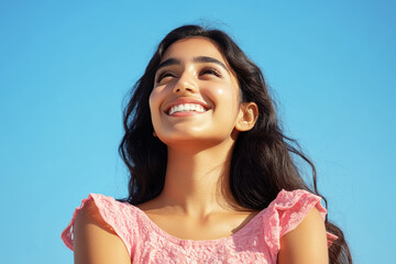 Wall Mural - Arabian woman smile enjoying sun during summer vacation, mental health