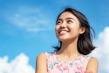 Wall Mural - Indonesian woman smile enjoying sun during summer vacation, mental health