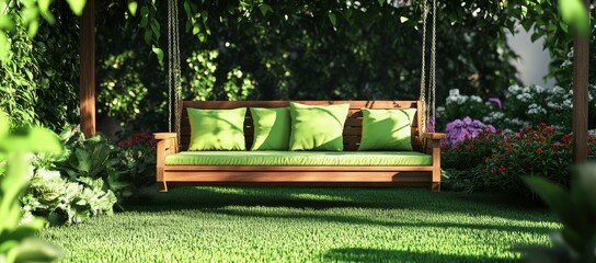 An elegant wooden swing hung with rope in a green backyard, surrounded by green plants and trees and set off by the morning spring light for an idea of home landscaping design