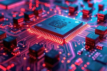 Wall Mural - glowing circuit board with central processing unit