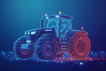 Digital wireframe illustration of a tractor on a blue background, highlighting its robust structure and innovation in modern agricultural machinery.
