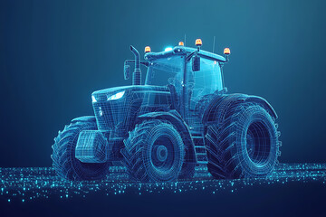 Digital wireframe illustration of a tractor on a blue background, highlighting its robust structure and innovation in modern agricultural machinery.
