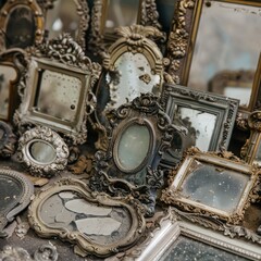 A detailed view showcases an assortment of small, ornate antique mirrors with unique frames displayed for sale at a vintage market