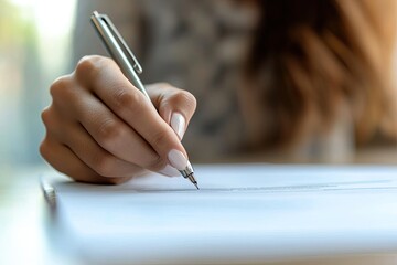 Close up of businesswoman hand signing contract or agreement with pen