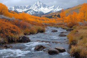 Wall Mural - Mountain Stream Flowing Through Autumnal Landscape