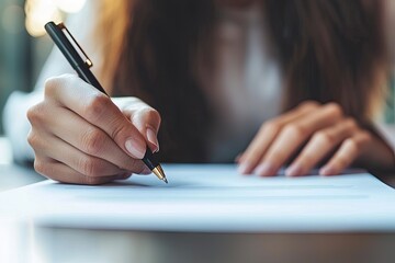 Close up of businesswoman hand signing contract or agreement with pen