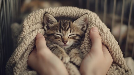 A pair of hands delicately hold a small kitten snugly wrapped in a soft blanket, providing warmth and comfort in a cozy indoor setting