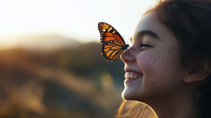 A girl smiles brightly as a butterfly lands gently on her nose