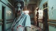 © stockdevil - Zombie nurse in blood-stained uniform in an abandoned hospital, Halloween zombie, eerie medical scene