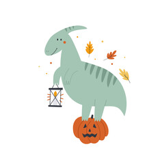 Wall Mural - Halloween Dinosaur Illustration, Spooky Dino with Jack-o-Lantern Pumpkin