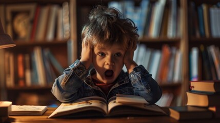 Sticker - A young child sits at a table, engrossed in a book