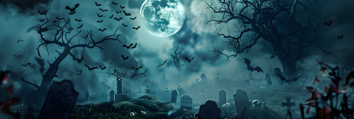 Canvas Print - Zombie Rising Out Of A Graveyard cemetery In Spooky scary dark Night full moon bats on tree. Holiday event halloween banner background concept.