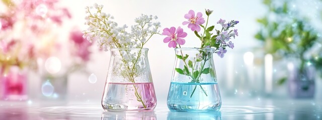 Wall Mural - Biotechnology science banner with green and flower plant in flask and beaker