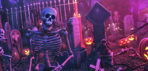 Seamless animation of a skeletons dancing in a cemetery disco at night. Funny halloween background for parties and events.