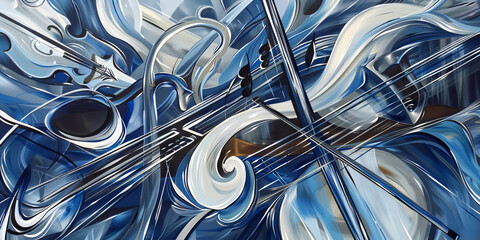 Dynamic Abstract Blue and White Instrumental Artwork with Fluid Lines