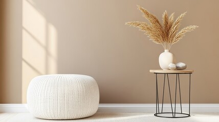 Wall Mural - A cozy knitted pouf and a small table with decorations against a warm brown wall, creating an inviting home decor scene.