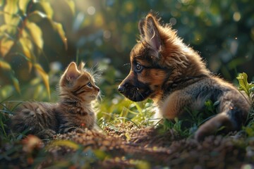 Poster - A friendly dog and kitten share a moment together on a lush green lawn, perfect for use in illustrations about friendship or family bonding