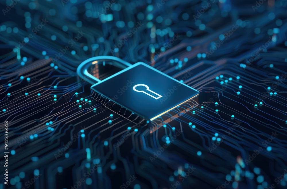Cybersecurity concept. Padlock as a symbol of security, depicted as ...