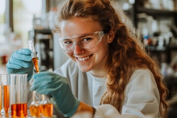 A female scientist is using a pipette to transfer a substance in a bustling laboratory illustration