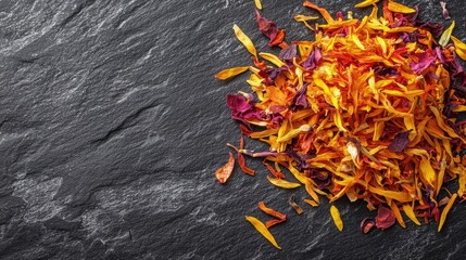 Wall Mural - A pile of dried flowers on a black surface. The flowers are orange and red, and they are scattered across the surface. The image has a calm and peaceful mood