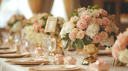 a wedding reception setup with elegant floral arrangements, beautifully wrapped favors, and a luxuri